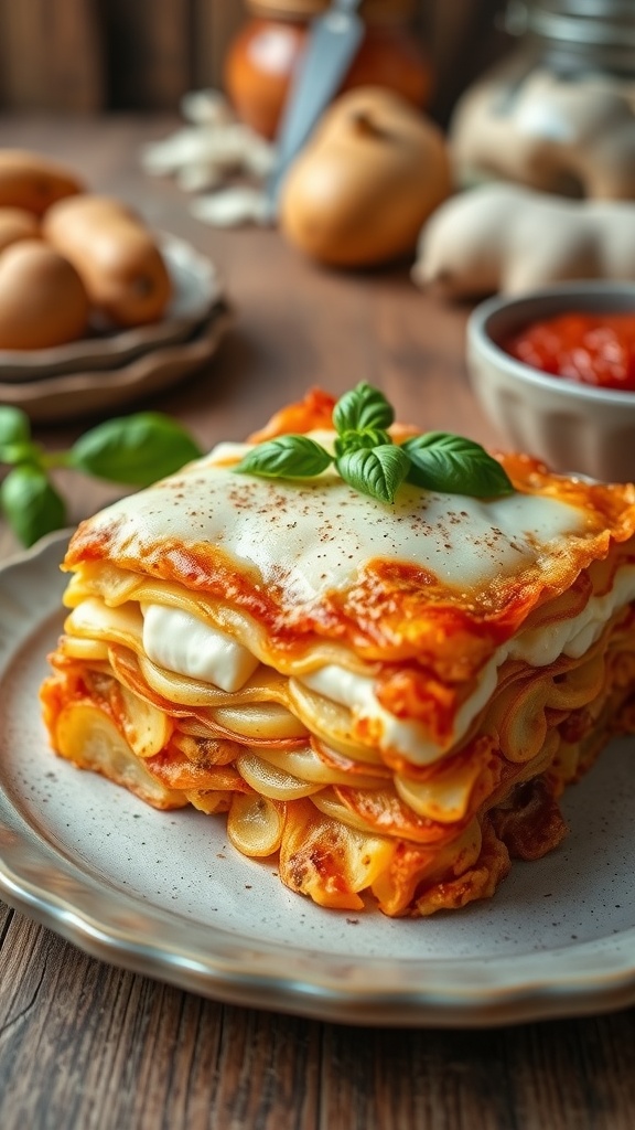 A slice of potato lasagna with layers of cheese and potatoes, garnished with basil, on a rustic kitchen table.